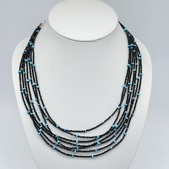 Jay King Necklace Black Spinel Turquoise & 7 Strand Layered Sterling Silver 18" - Picture 5 of 11